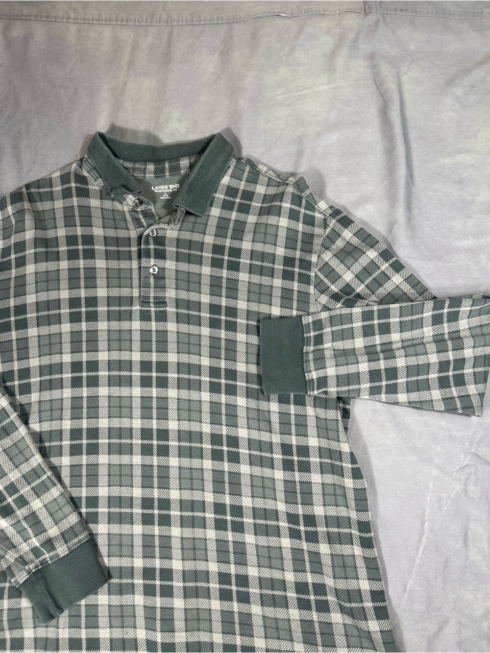 Lands' End Men's Green Plaid Long-Sleeve Polo Shirt
